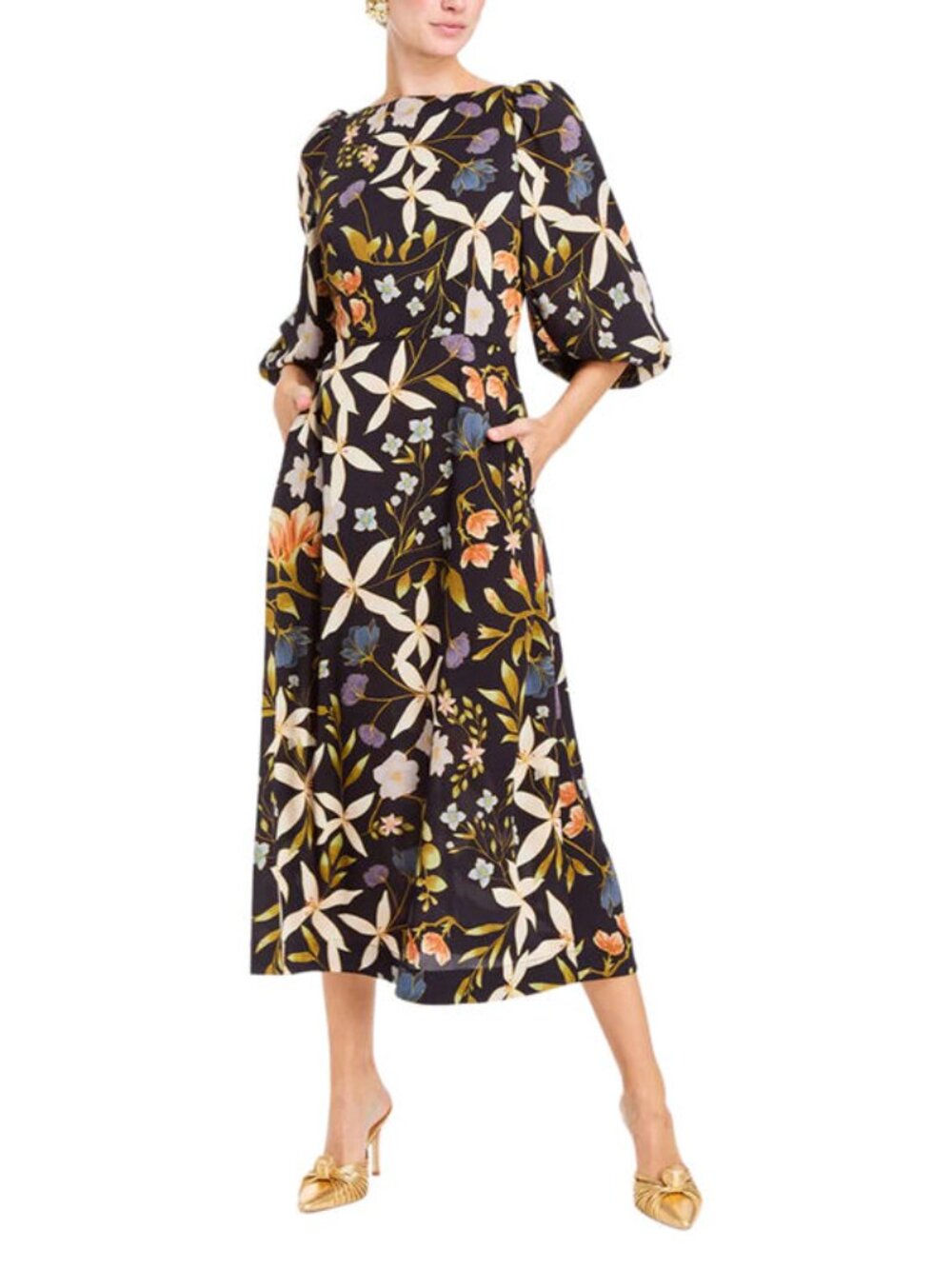 Mestiza  Gina Balloon Sleeve Midi Dress in Midnight Floral Size 2 NWT